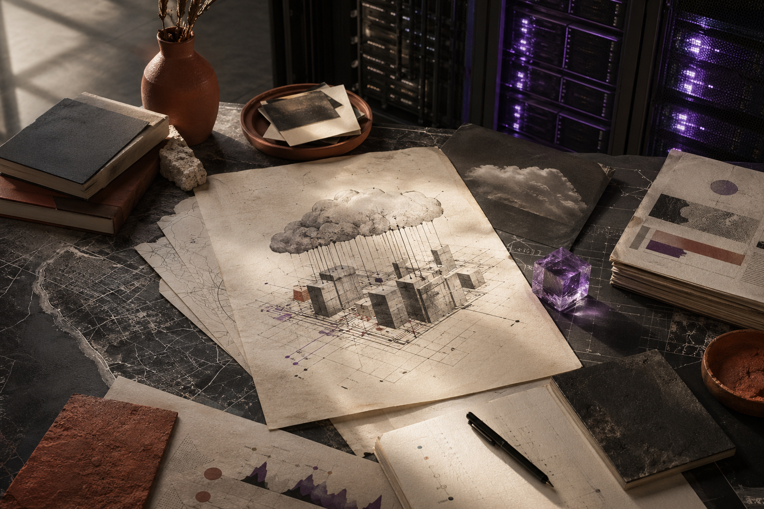 Table éditoriale sombre et chaleureuse avec documents, cartes d'architecture cloud et lumière violette