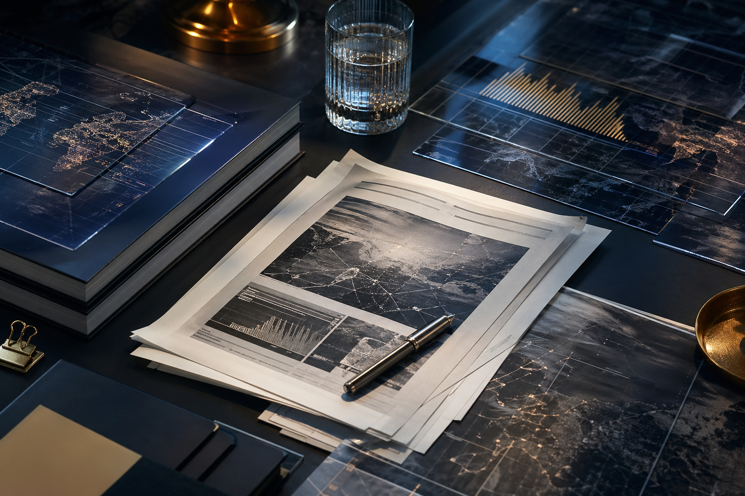 Table de travail éditoriale avec documents, cartes et traces de données